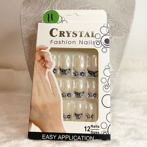 $4 Nail Set Black French with Floral Decor